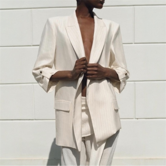 Zara Jackets & Blazers - Zara Linen Blend Lightweight Open Front Blazer in Cream Pinstripe Sz Medium